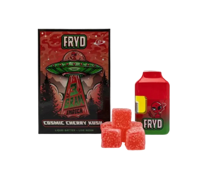 Fryd 3G vape with Cosmic Cherry Kush packaging and gummies